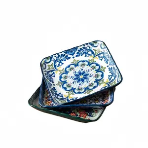 4-Piece Blue-And- Porcelain Ceramic Dinnerware Set, Christmas Party Plates, 8-Inch Square Dishes, Dishwasher & Microwave Safe