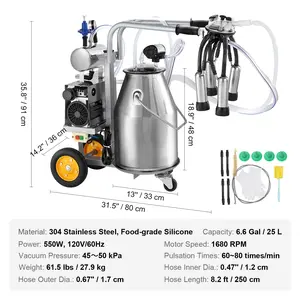 Spring new arrivals Electric Cow Milking Machine, 6.6 Gal / 25 L 304 Stainless Steel Bucket, Automatic Pulsation Vacuum Milker, Portable Milker with Food-grade Silicone Cups and Tubes, Adjustable Pressure