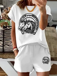 Summer Women's Short Sleeve and Shorts Set with Horse and Horseshoe Print, Casual Fitted Two-Piece for Warm Weather, Stylish Ladies Clothing