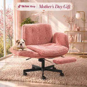 Wide Seat Criss Cross Chair with Wheels – Chenille Cross Legged Office Chair Pet Chair, 5-Level Folding Armrests, Adjustable Swivel Vanity Chair for Home & Bedroom work love