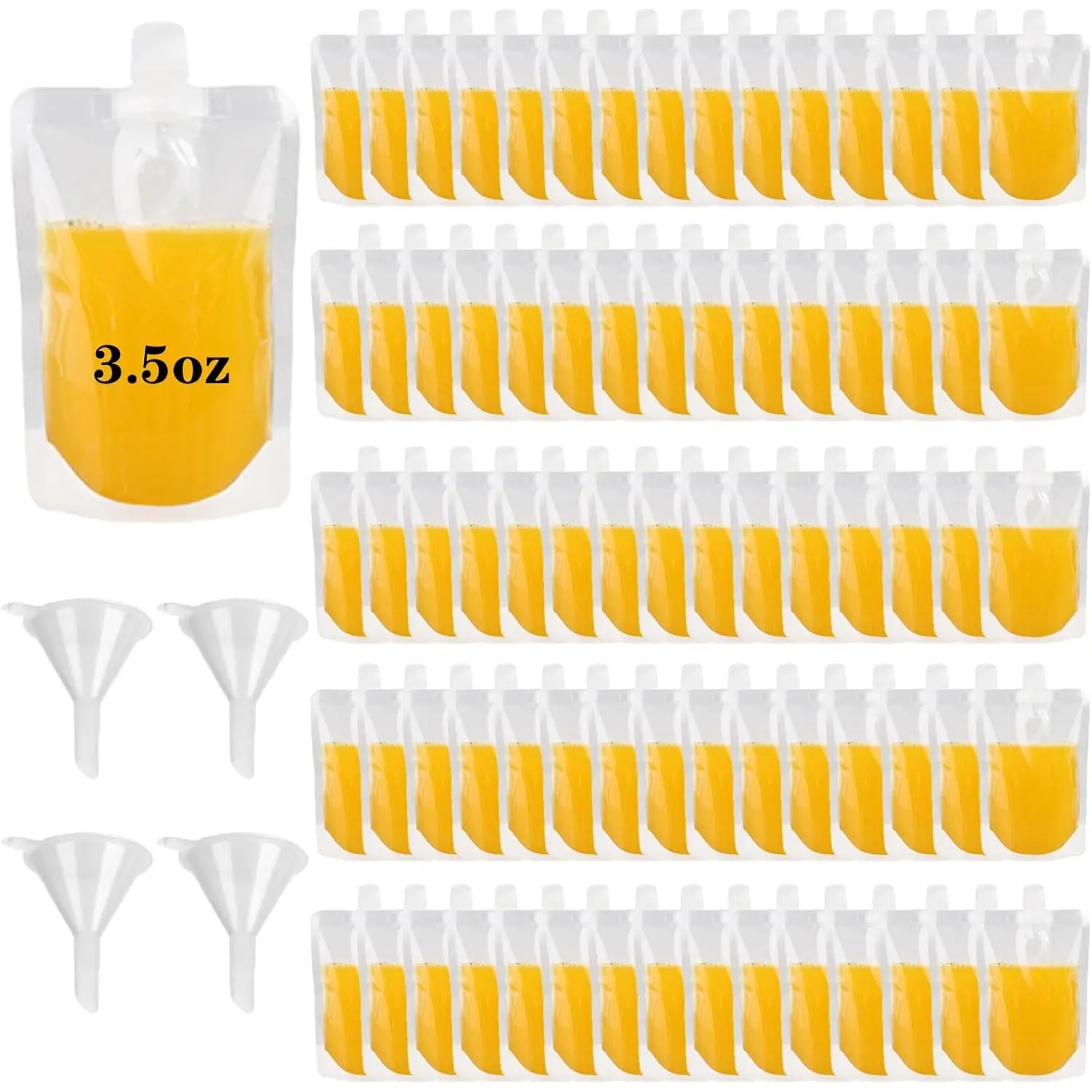 120 count Plastic Flasks,3.5 Oz Drink  Plastic Pouches Leak-Proof Juice Pouches Bags with 4 Funnels for Travel Outdoor , Concerts, Events