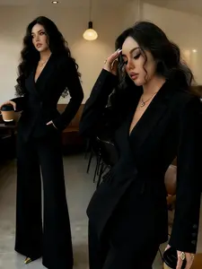 Women's Summer Solid Color Lapel Long Sleeve Button Front Casual Pleated Pocket Commuter Set Thin Jacket, Suitable for Office Wear