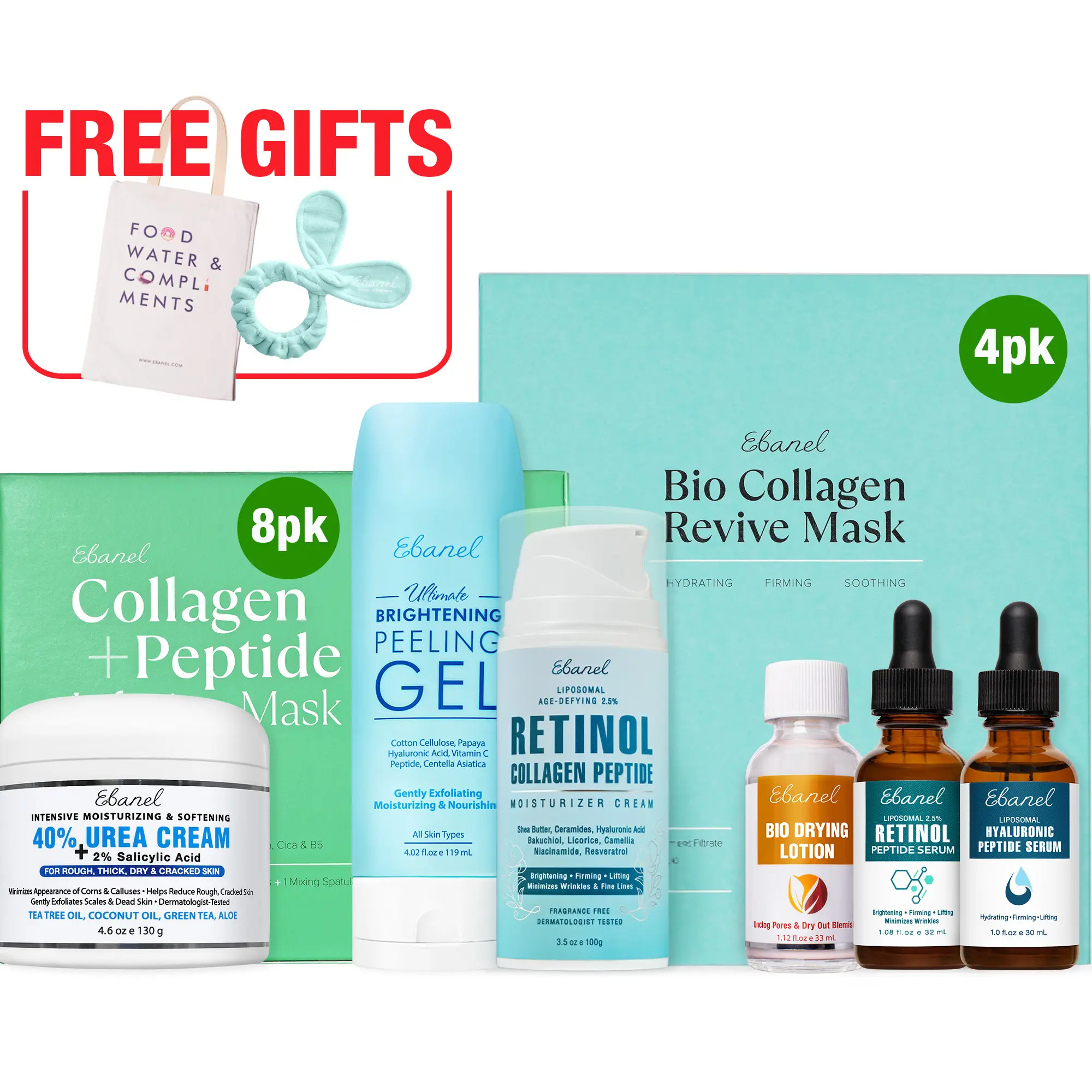 Ebanel 8-Pc Intense Hydration Face & Body Care Kit with Collagen Peptide Infusion Mask Retinol Collagen Cream Hyaluronic & Peptide Serums Peeling Gel Urea Cream & Free Gifts