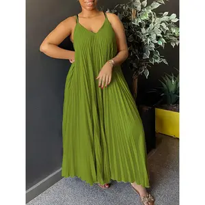 Plus Size Casual V-Neck Pleated Maxi Dress - Red Sleeveless Summer Dress with Wide Legs, Casual Style, Casual Wear |     Vneckline |     Pleated Detail Polyester Womenswear