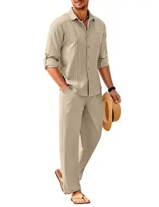 Coofandy Men's 2 Piece Sets Casual Long Sleeve Button Down Cuban Shirt & Loose Pants Set for Beach Vacation Outfits Soft Classic Linen Fabric Coofandy Men's 2 Piece Sets Casual Long Sleeve Button Down Cuban Shirt & Loose Pants Set for Beach Vacation Outfits Soft Classic Linen Fabric