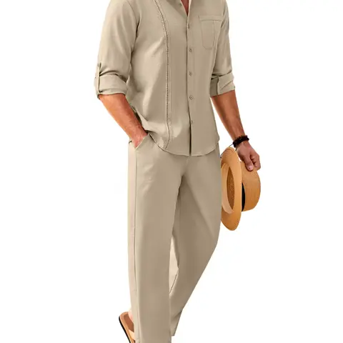 Coofandy Men's 2 Piece Sets Casual Long Sleeve Button Down Cuban Shirt & Loose Pants Set for Beach Vacation Outfits Soft Classic Linen Fabric