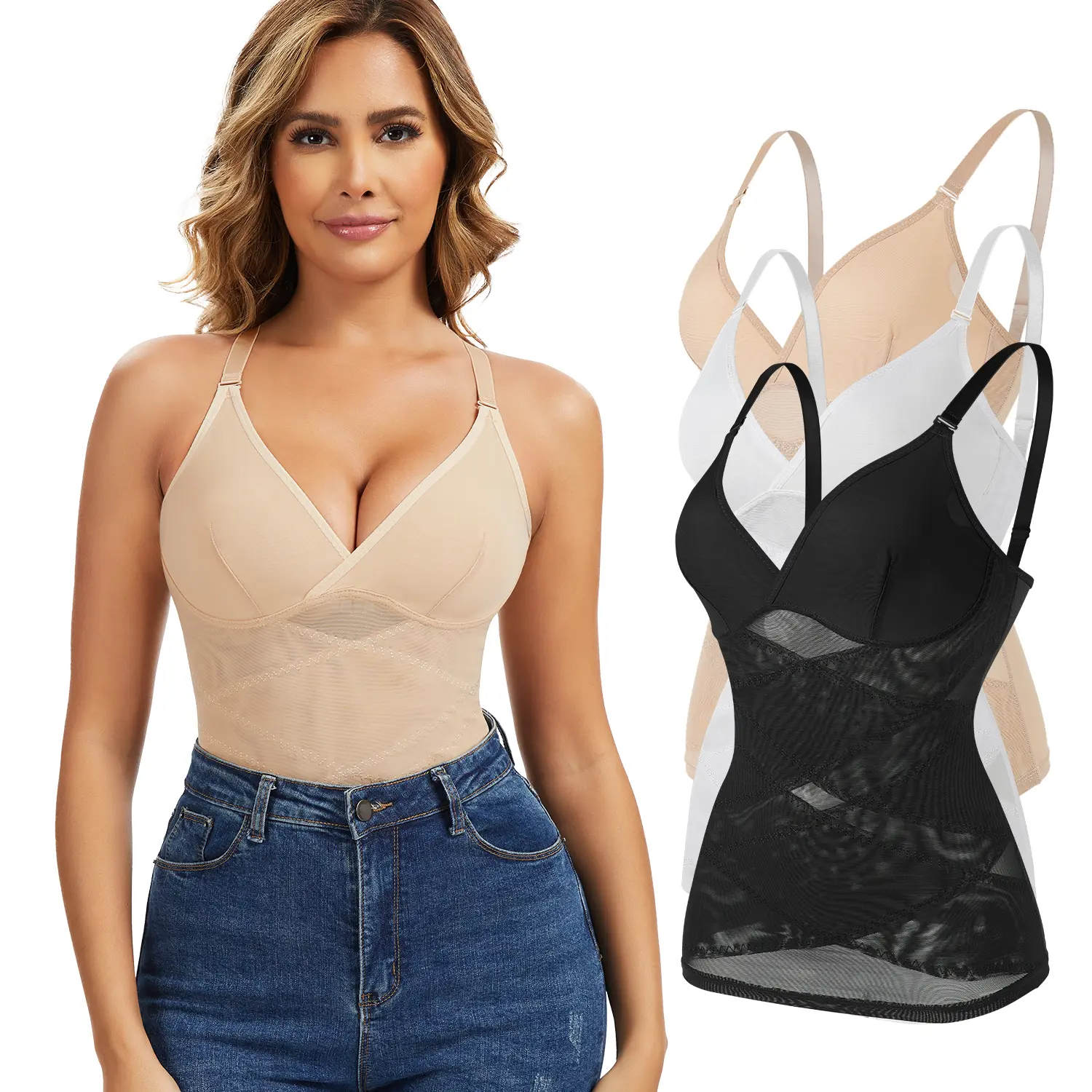 Women's High Elastic Compression Tanks  Tummy Control Shapewear Tank Top Seamless Body Shaper Underwear  Camisole Vest Backless V Neck Camisole Vest Cami Tops Sexy V-Neck Camisoles Adjustable Spaghetti straps T Shirts Camisole Plus Size Womenswear Top