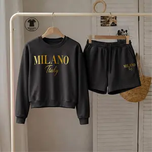 Women’s Milano Italy Graphic Crewneck Short Sleeve Sweatshirt & Shorts Set, Casual Matching Two Piece Outfit With Built-In Drawstring Shorts