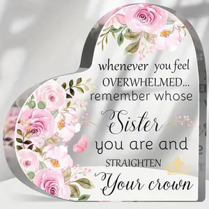 Cheer Up Gift for Friend Female - Floral Acrylic Keepsake with Inspirational Quote - Straighten Your Crown Sign - Positive Affirmation Plaque for Women, Sisters, and Besties