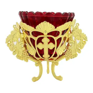 Orthodox Vigil Lamp with Red Glass, Gold Plated Metal Church Candle Holder, Eastern Orthodox Prayer Desk Lamp for Home Altar, Church Liturgy, Spiritual Gift