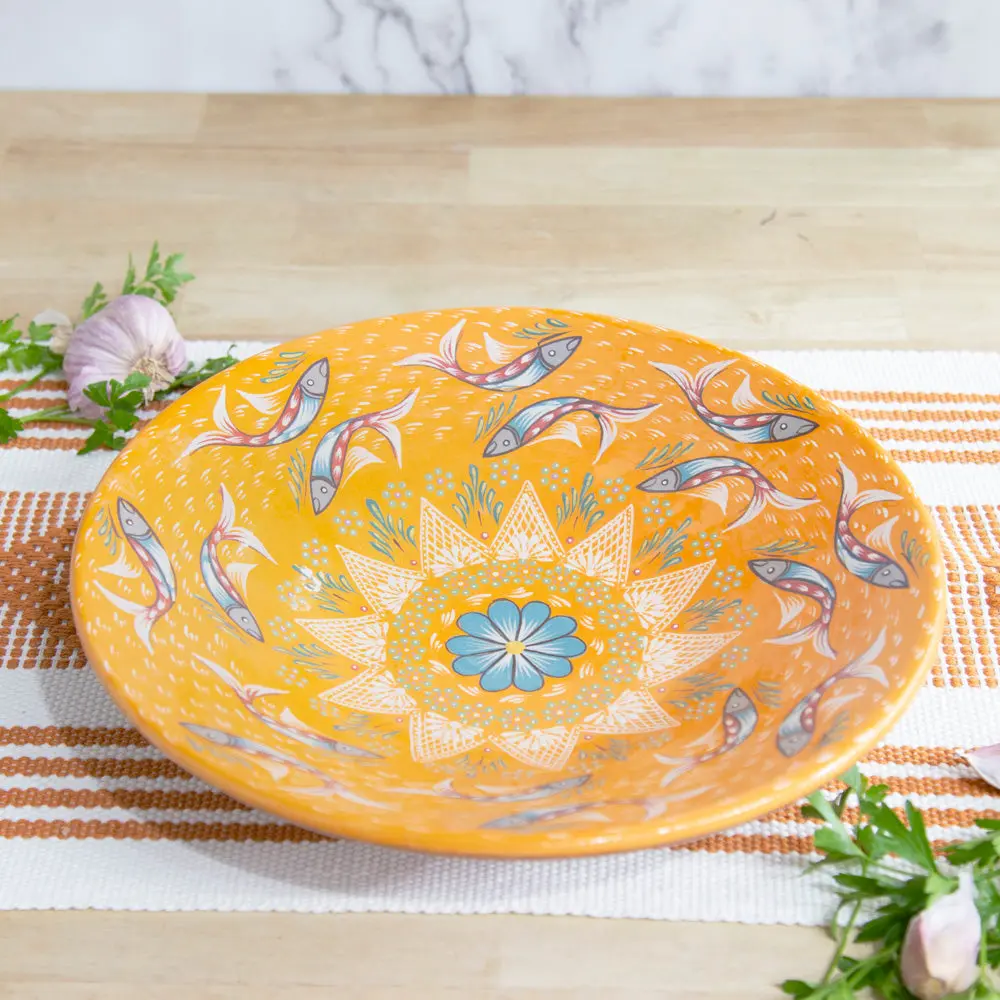 12.5in Diameter x 3in Height Handmade Ceramic Bowl - Decorative Artisans' Traditional Clay Earthenware, Curve-Designed, Handpainted Animal Fish Motifs & Polka Dot Fine Brushwork Florals, Eco-Friendly Kitchen Tableware, Fruit Server