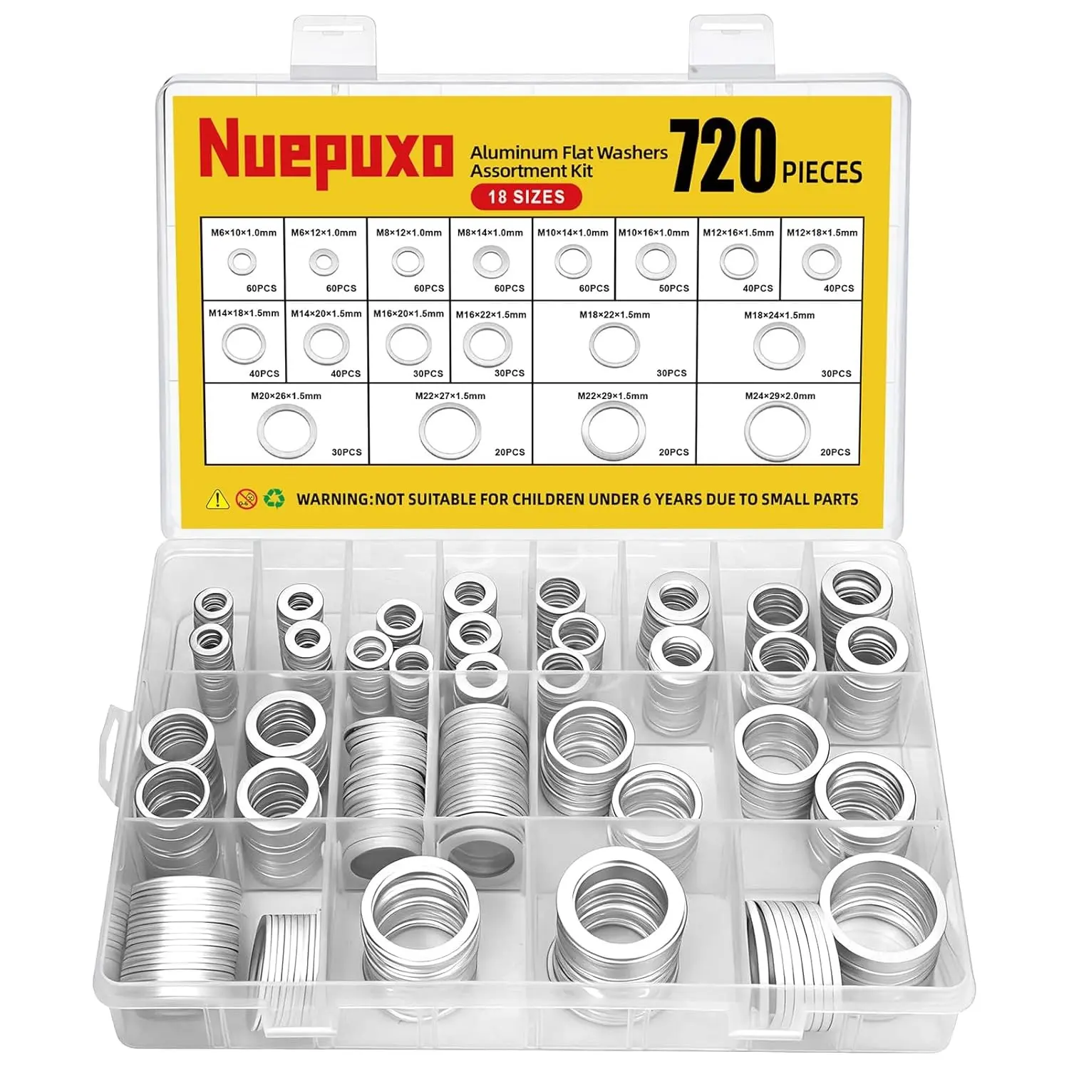 720PCS Crush Washer Oil Drain Plug,18 Sizes Aluminum Oil Drain Plug Gasket Assortment Kit, Automotive Engine Crush Washer (M6 M8 M10 M12 M14 M16 M18 M20 M22 M24)