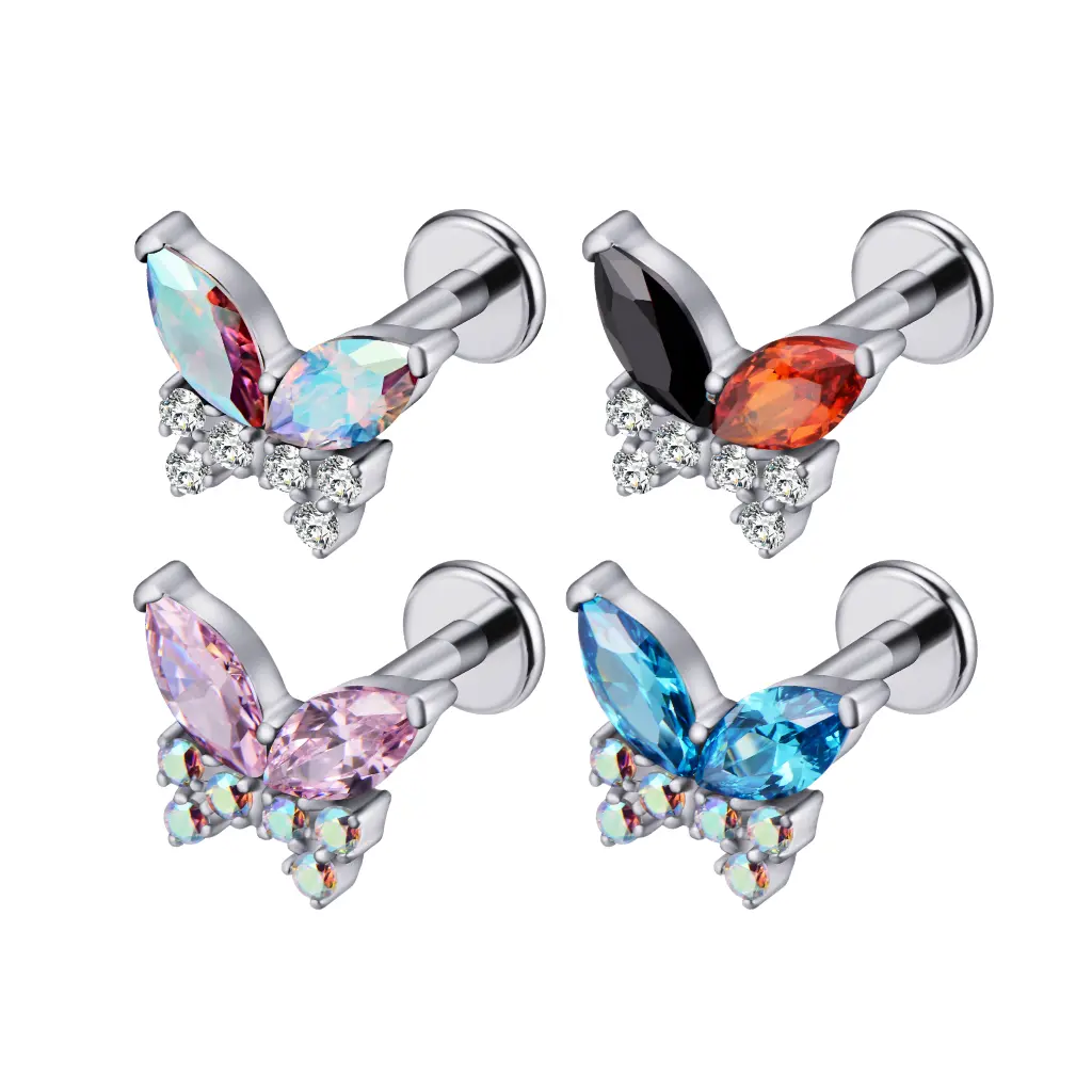 Titanium Butterfly Marquise & Round Gem Cartilage Ring | Helix Flatback Titanium Butterfly Marquise & Round Gem Cartilage Ring | Helix Flatback