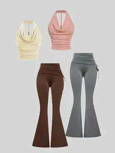 Summer Sexy Backless Metal Chain Buckle Halter Top, Slim Fit Casual Pure Color Foldover Drawstring Waist Comfort Leg Shaping Bell Pants Set, Womenswear