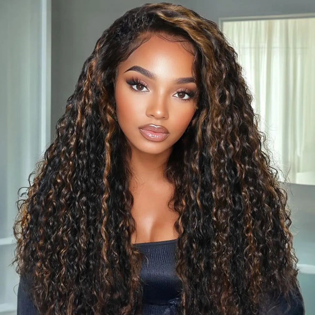 [Wear Go Half Wig] OQ HAIR 1B/30 Black With Golden Brown Highlight Color Water Wave 3 In 1 Half Wig Invisible Hairline With Drawstring Seamless Flip Over Glueless Wig Human Hair #SohoChic #TikTokShopBackToSchool