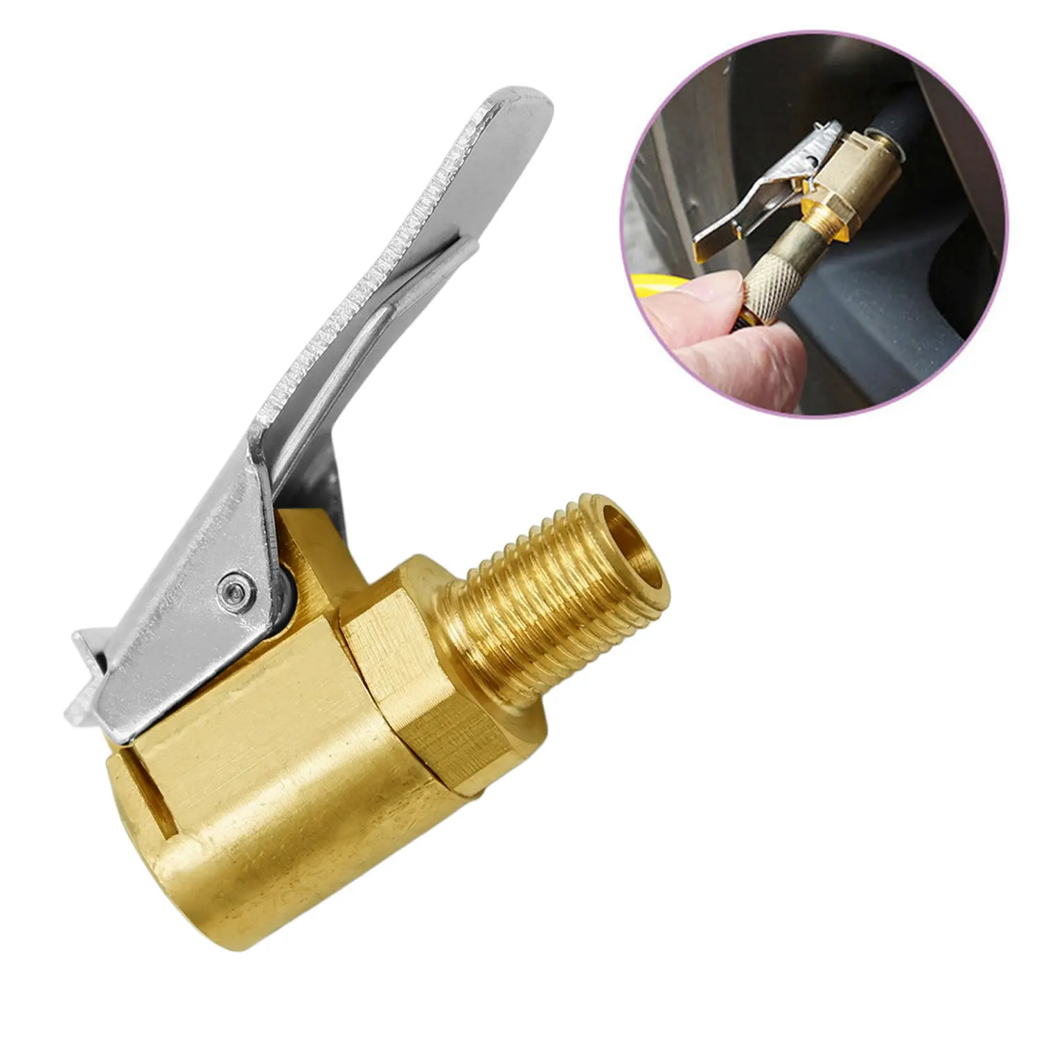 8mm Tire Air Chuck with Clip Adapter, No Leakage Tire Chucks for Vehicle Inflator Compressor Pump, Brass Locking Tire Inflator Nozzle Adapter Connect Connect Accessories Tool