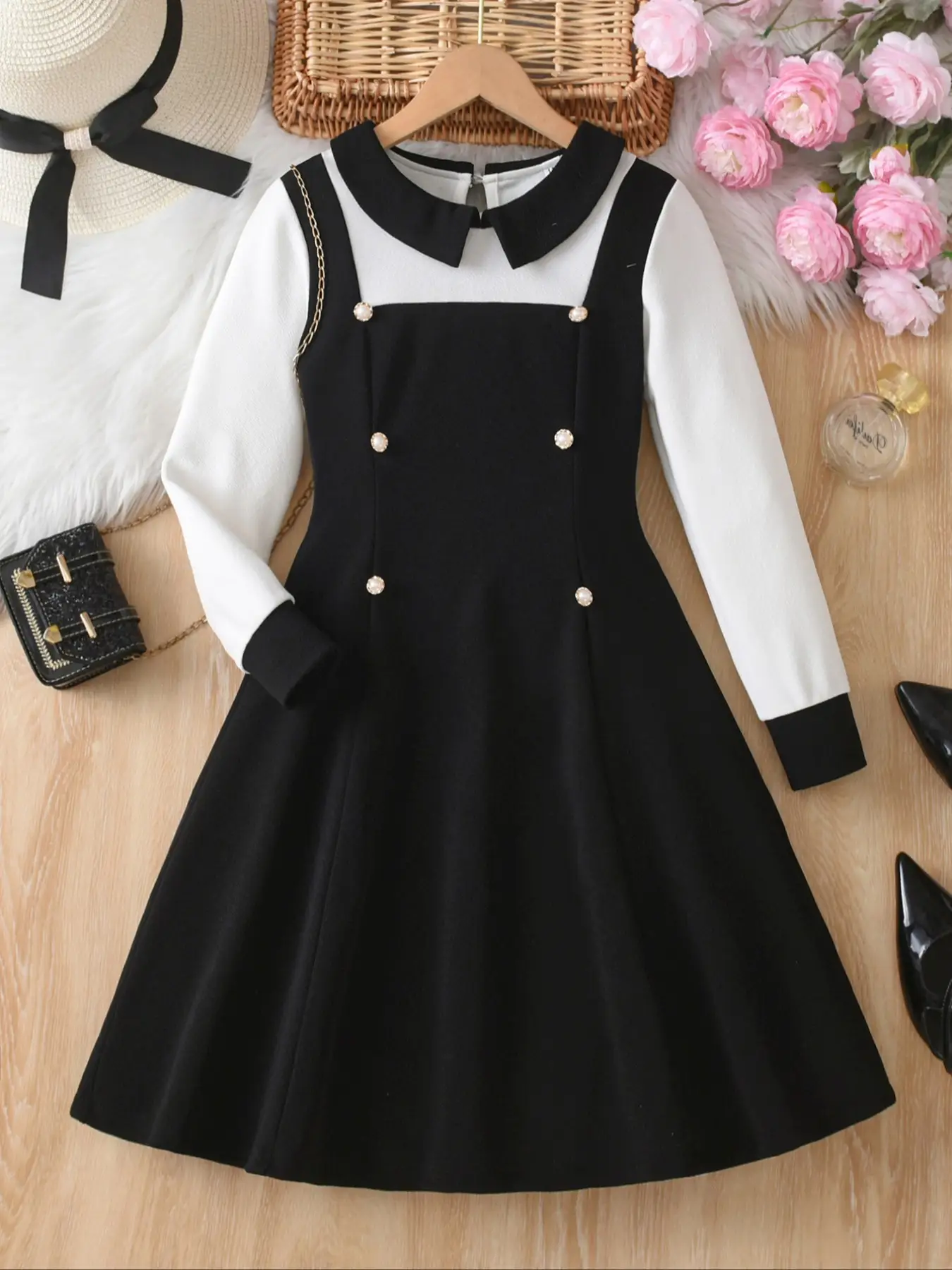 Elegant Girls' Patchwork Long Sleeve High Waist A-Line Midi Dress, Fashionable Autumn Party & Casual Clothes with Decorative Buttons