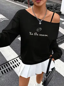 Women's Vintage Asymmetrical Neck Sleeveless Pullover Sweater, Rugby Letter Print Long Sleeve Top, Casual Fashion for Spring & Fall