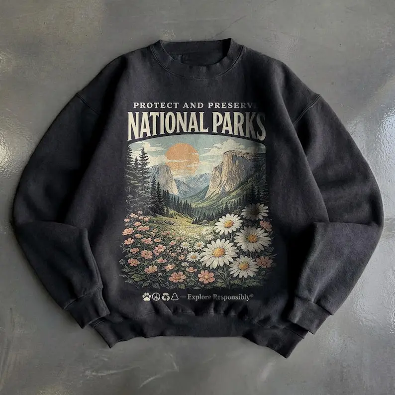 Protect and Preserve National Parks Sweatshirt, Vintage Mountain Landscape Wildflower Conservation Crewneck Sweatshirt
