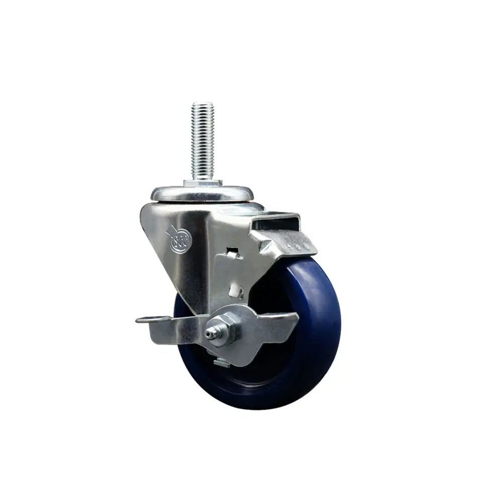 Service Caster SCC-TS20S3514-SPUS-TLB-34212 Solid Polyurethane Swivel Threaded Stem Caster with Lockable Swivel Wheels, 3.5x1.25 in. Blue Wheel, 0.75 in. Stem, and Top Locking Brake, Lockable Wheels