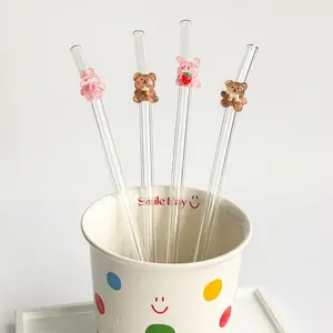 2/4Pcs  Cartoon Bear & Rabbit Design Glass Straw, 1 Set Reusable Cute Glass Straw with Cleaning Brush, Drinking Straw for Home Kitchen Party, Glass Straw Drinkware