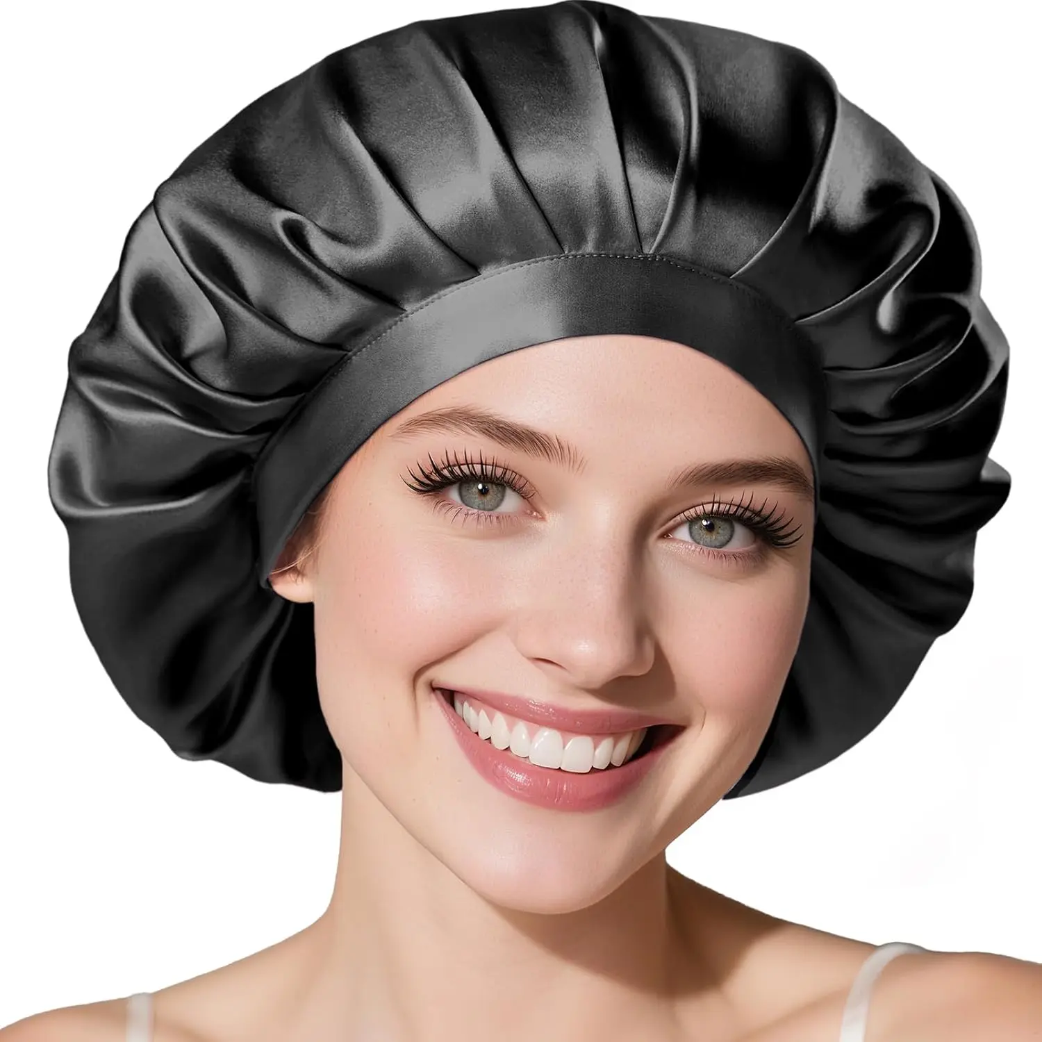 LitBear 100% Mulberry Silk Bonnet for Sleeping Women, 22 Momme Silk Hair Wrap with Elastic Band for Long Short Curly Hair，Black