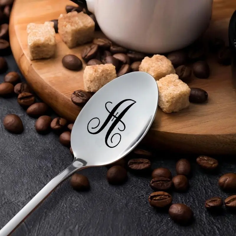 Initials Letter Engraved Stainless Steel Spoon, 1 Count Coffee Tea Dessert Soup Spoon, Kitchen Utensils Culinary Cutlery for Home Use, Gift Idea