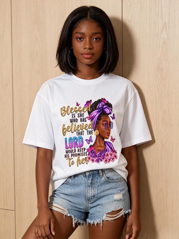Women's Christian Cotton Tshirt - Blessed Is She Who Has Believed Bible Verse Print Top, Short Sleeve Crew Neck, Breathable Fit Casual Inspirational Tee for Anniversary, Beach Wear
