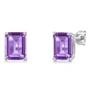 4-7 Cttw Gemstone Birthstone Stud Earrings | 14K White Gold | 9X7MM Emerald Cut | Double Notch | Basket Setting | Gold Earrings For Women Men