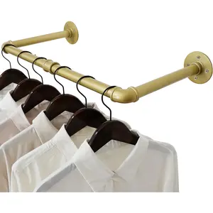 Industrial Pipe Clothing Rack,24" Wall Mounted Clothes Rack for Hanging Clothes,Heavy Duty Metal Garment Rack Bar Wall Mount Clothing Rod for Closet,Laundry Room,Gold Hangable