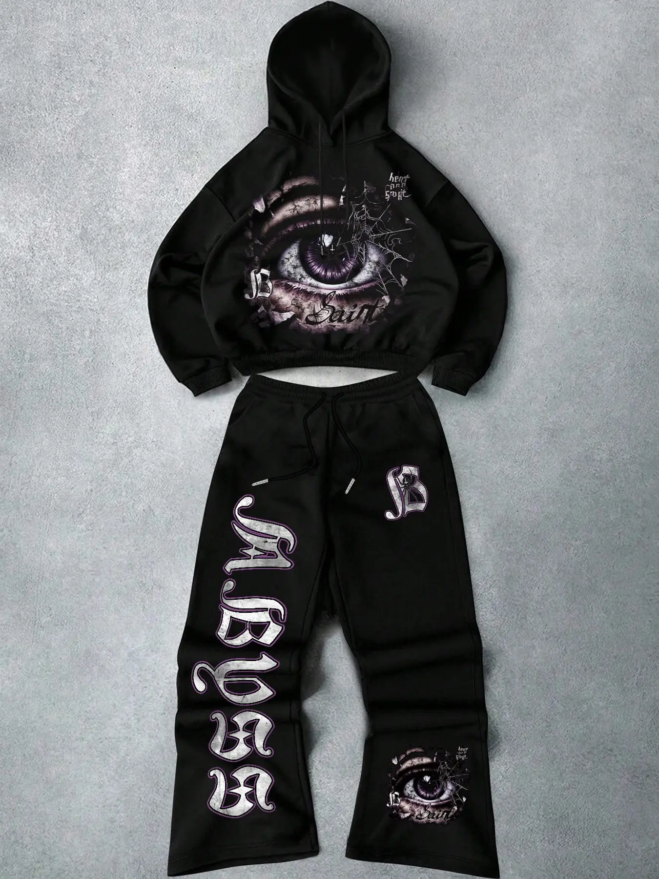 Men's Y2K Graphic Print Set, Long Sleeve Hoodie and Bell Bottom Pants, Gothic Eye Pattern, Streetwear & Festival, Gothic Clothes