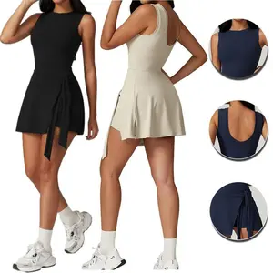 WomensTennisDressWrapSkirtBuiltinShortsSleevelessGolfAthleticRomperSundressTieFrontSpandexDurableFabric