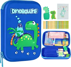 Dinosaur Pencil Case for Boys 3D EVA School Supply Box with Stationery Gift Set Includes Pencils Crayons and More