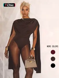 Women's Solid Color Bodysuit, Fashion Minimalist Casual Cowl Neck Bodycon Bodysuit for Nightlife, Women's Clothes for Summer