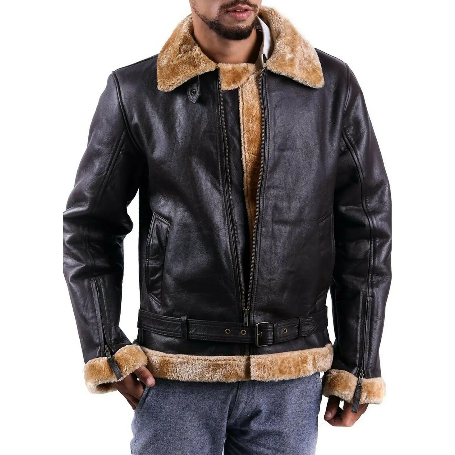 MotorCycleJackets Men's Brown Fur Shearling Leather Jacket