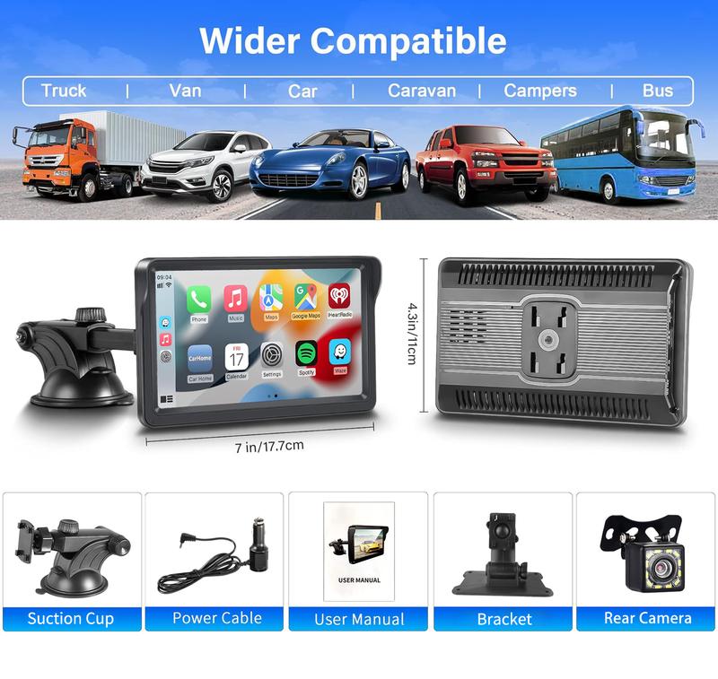 Portable Wireless Apple Carplay & Android Auto Car Stereo with Voice Control,7 Inch Touch Screen Double Din Stereo with Bluetooth, Multimedia Player, Car Audio with Mirror Link/AUX/FM