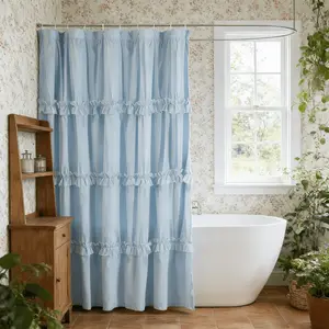 Fresh Pastoral Blue Shower Curtain, Ruffle Edge Design, 72×72 Inch, Polyester, Elegant Art Splicing, with Grommets for Easy Hanging