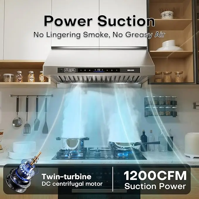 BRANO 36-Inch Under Cabinet Range Hood, Ultra-Quiet 1200 CFM DC Motor Kitchen Hood with Smart Controls (Voice/Gesture/Touch), 6 Speeds Fan, Memory Mode, LED Light, Smoke Removal, Washable Grease Filter, US Plug, Smart Control