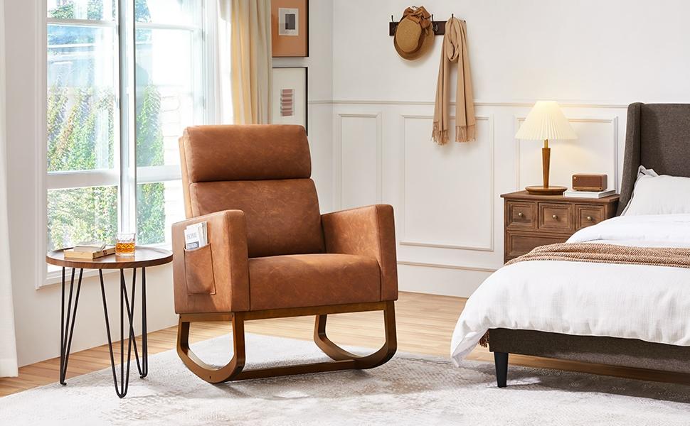 Yaheetech Rocking Chair Upholstered Glider Chair with Solid Wood Legs, Rocking Accent Armchair with High Back and Side Pocket for Living Room Bedroom Yaheetech Rocking Chair Upholstered Glider Chair with Solid Wood Legs, Rocking Accent Armchair with High Back and Side Pocket for Living Room Bedroom