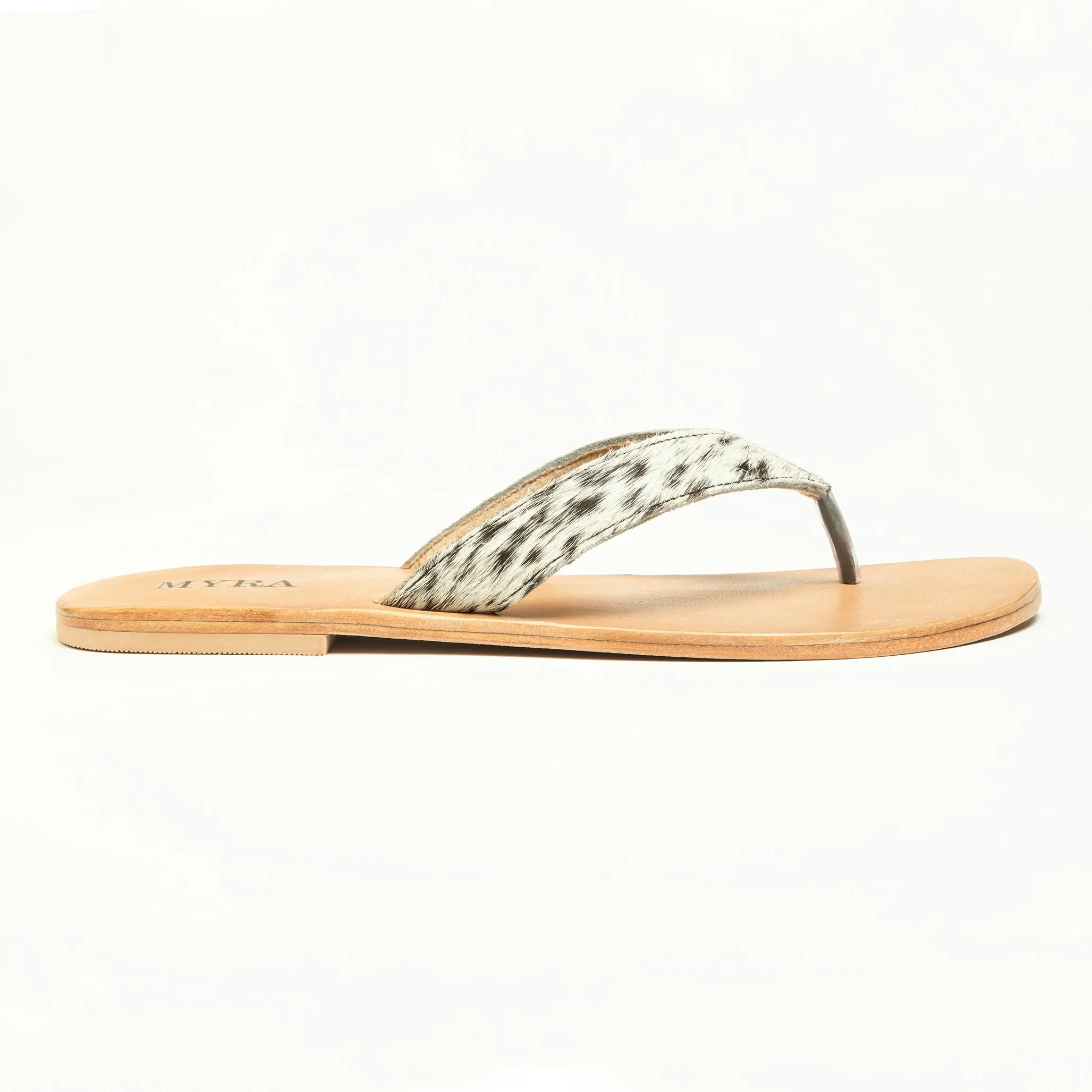 Women's Western Cow Print Flip Flops, Spotted Ivory Hairon Leather Thong Sandals with a Soft Leather Insole and Rubber Sole, Flip Flop