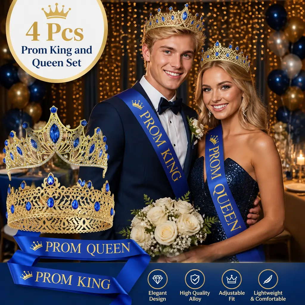 4 Pcs Alloy Prom King Queen Crown & Sash Combo - Blue Diamonds Decor, Adjustable Reusable Party Supplies (13.5*8 cm Crowns, 16.5*6.5cm Sashes) for Graduation, 80’s Themed Events, Photo Props