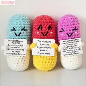 Mini Crochet Emotional Support Pill Doll Handmade Knitted Capsule Plush With Positive Message Card Cute Desk Decor Anxiety Relief Comfort Gift Kawaii Room Accessory For Women Friends Coworkers Birthday Mother’s Day Funny Positive Crochet Companion
