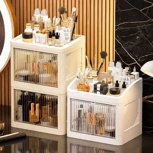 Transparent Foldable Cosmetic Storage Box, Multi-Layer Dual Door Desktop Dustproof Skincare Organizer, Desk Makeup Container, Collapsible Storage Organizer, Makeup Tool Organizer