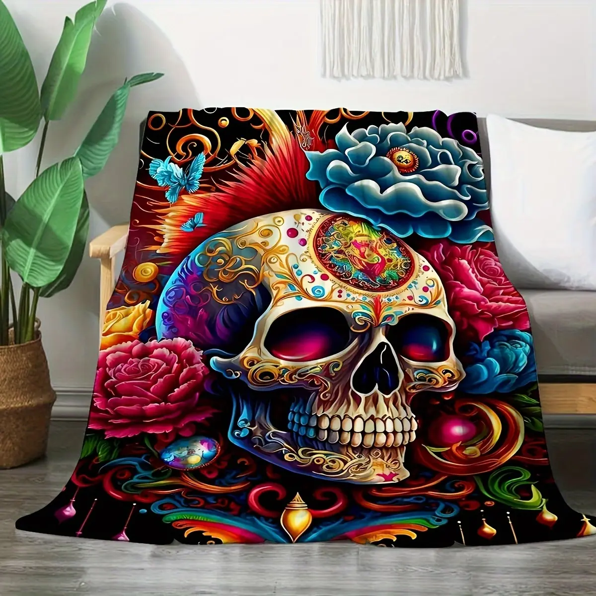 The Dead Sugar Skull Flannel Throw Blanket, Ultra Soft Warm Fuzzy Plush Mexican Floral Art Blanket for Couch Bed Sofa, All Season Cozy, Ideal Gift for Gothic Art & Mexican Culture Fans