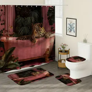 Vintage Luxurious Leopard Print Bathtub Curtain Set, 4pcs with Plastic Hooks, Non-Slip Mat, U-Shaped Toilet Pad, Bathroom Decor Accessories, Shower Curtain Sets