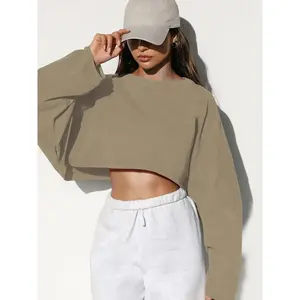 Women's Plain Batwing Sleeve Crop Sweatshirt, Chic Street Casual Drop Shoulder Round Neck Pullover for Fall, Ladies Clothes for Daily Wear, Going Out Tops, Loose Fit Womenswear