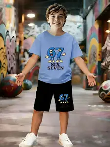 Summer Boys' Cartoon Pattern Set, Comfortable Fashion Short Sleeve and Shorts, Perfect Gift for Boys, Casual Loose-Fitting