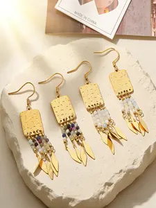Bohemian Fringe Beaded Earrings, Hammered Square Design, Multicolor Natural Stone Dangle Pendants, Vacation Vibes Unique Jewelry