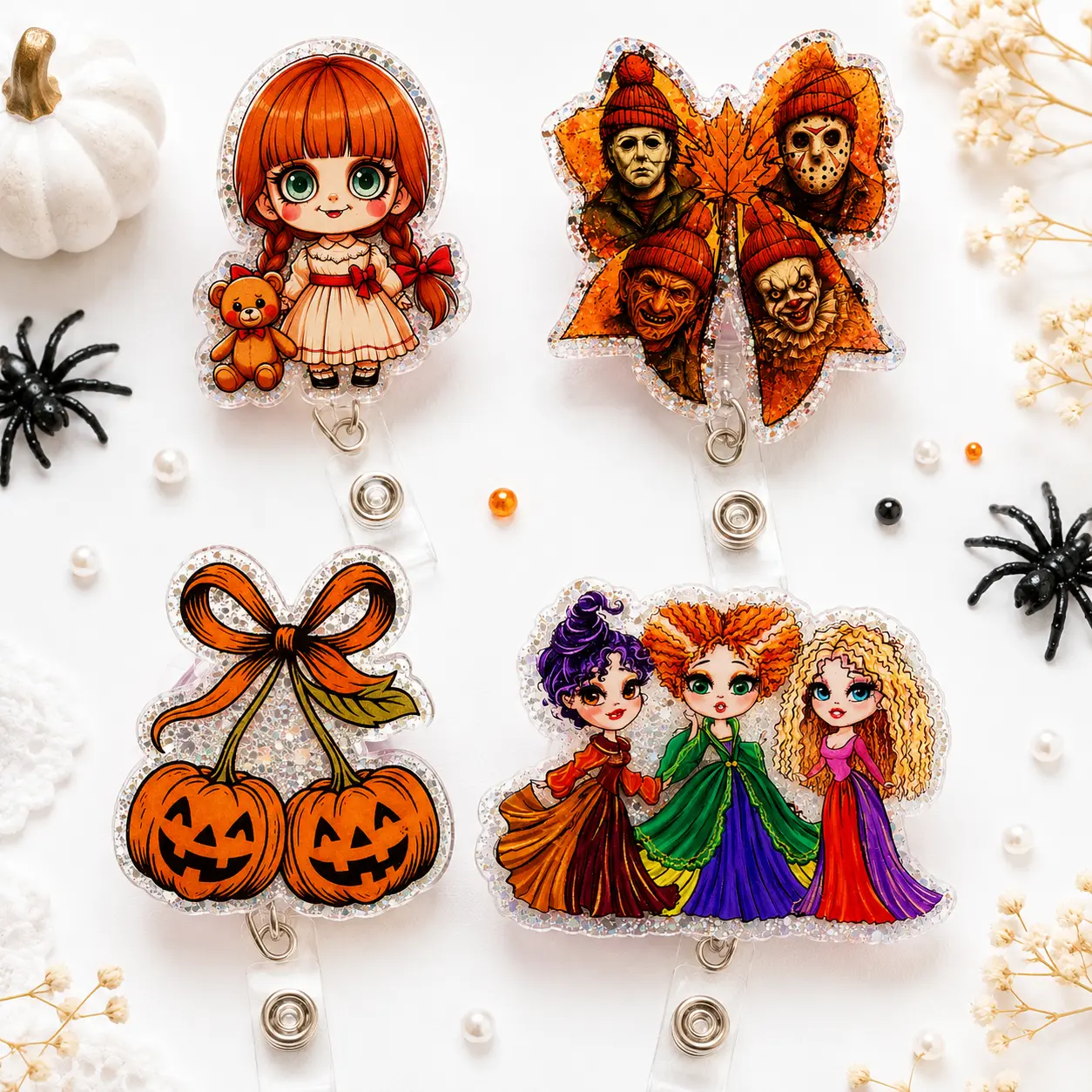 Halloween Badge Reel, Cute Spooky Doll Witch Pumpkin & Horror Character Acrylic Retractable ID Holder, Glitter Badge Clip for Nurse Teacher Medical Staff