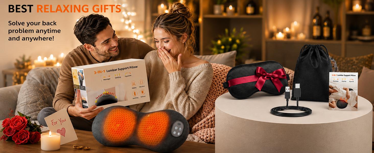 Cordless Heated Lumbar Support Pillow Massage Device - Rechargeable Memory Foam Back Massager with Airbag Spine Align, Vibration Massage, 3 Heat Levels, Removable, Adjustable, Compact Size Fits Office, Car, Sofa
